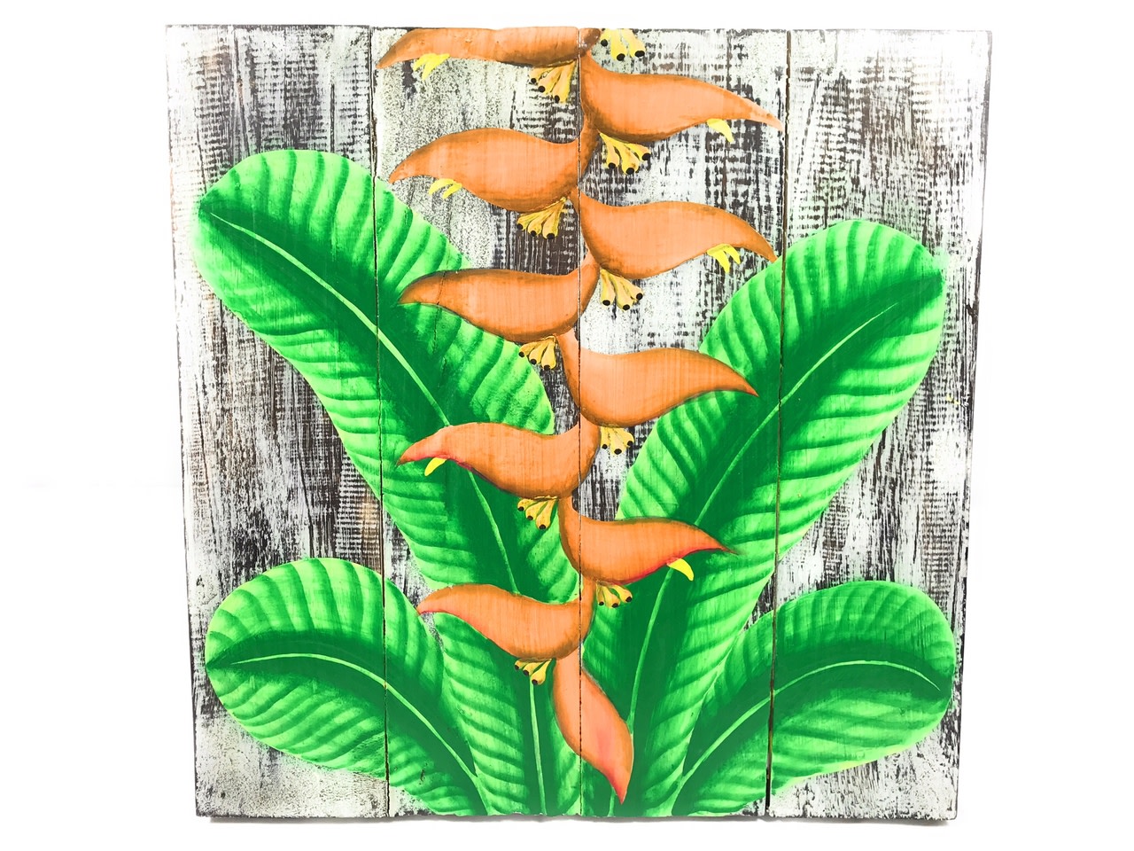 Heliconia Flower Painting on Wood Planks 16" X 16" Rustic Wall Decor | #zon04j Heliconia Flower Painting on Wood Planks 16" X 16" Rustic Wall Decor | #zon04j